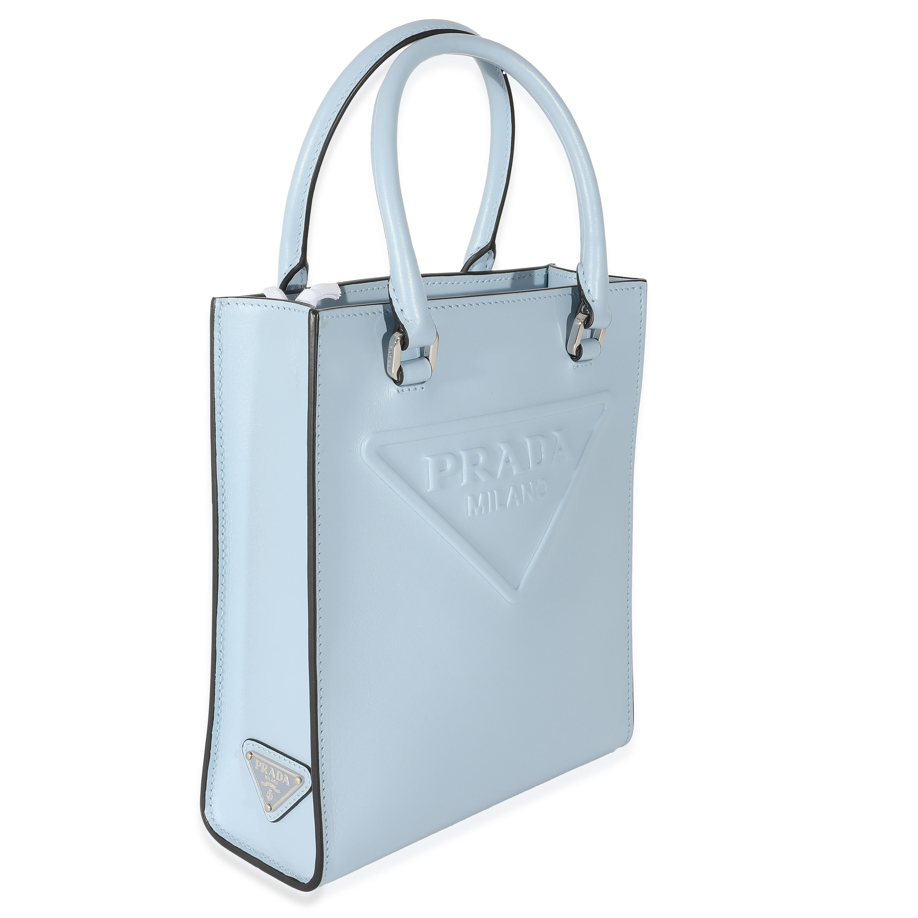 Prada Blue Smooth Leather Logo Embossed Mini Tote-4
