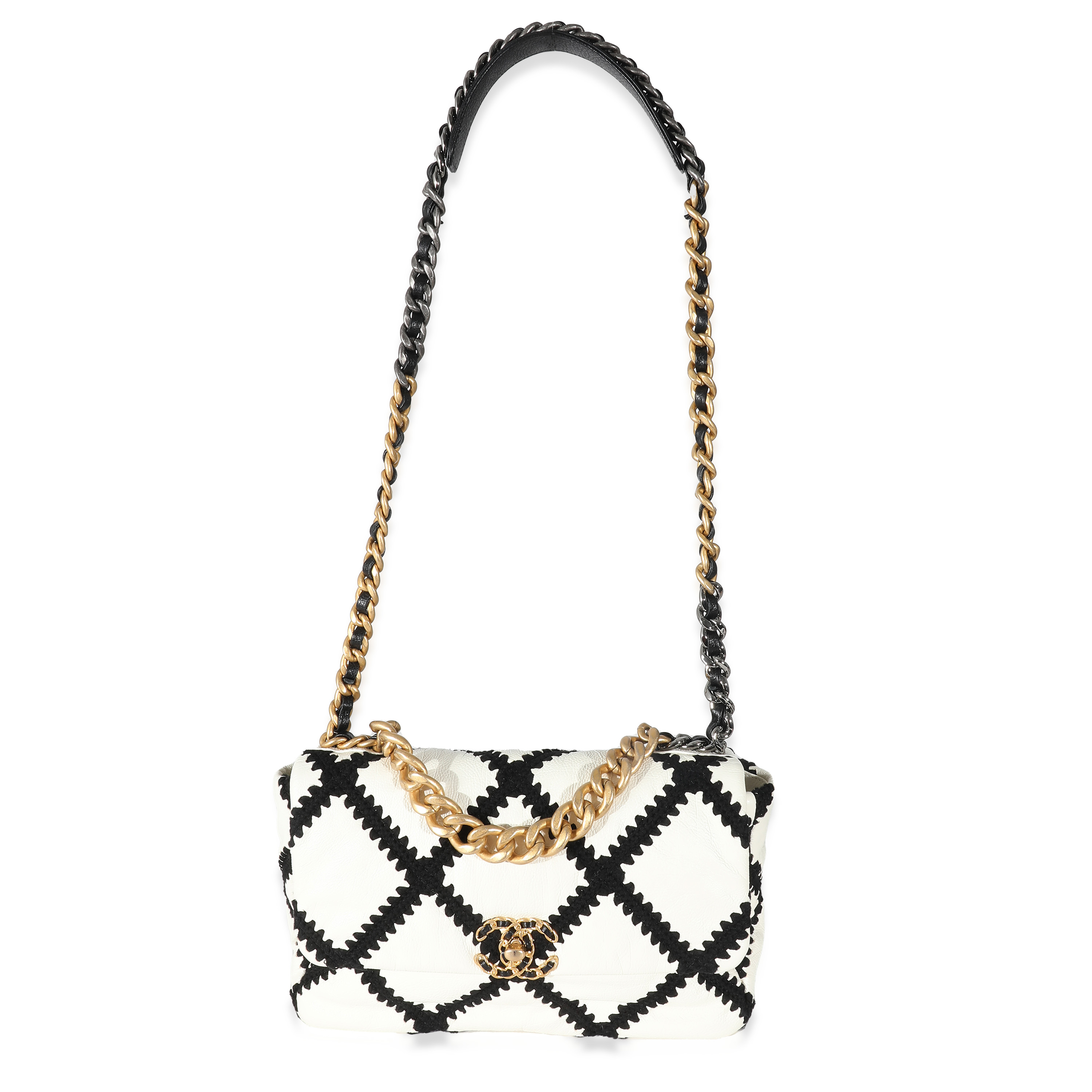 Chanel Black Crochet Quilted White Calfskin Medium Chanel 19 Flap Bag-7