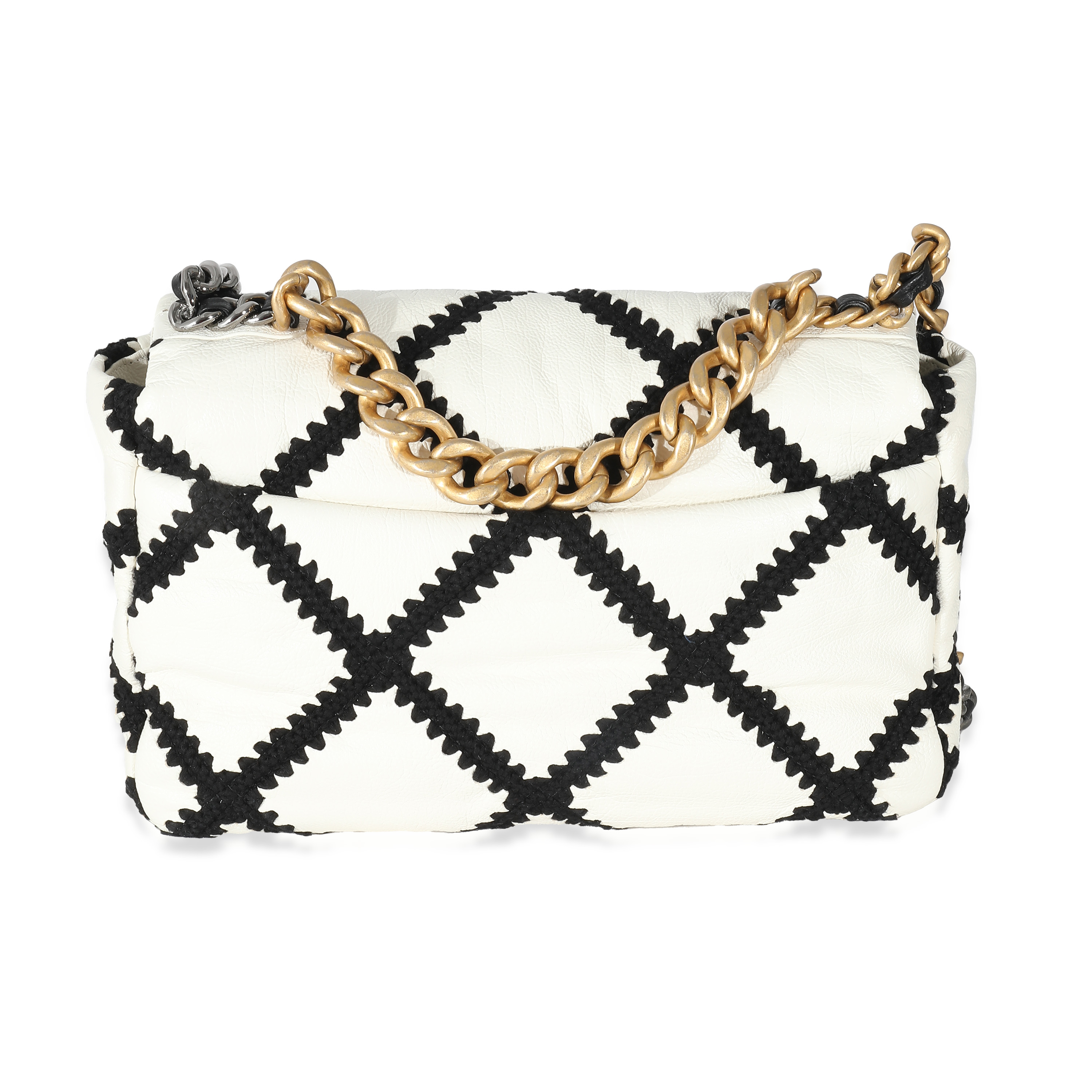 Chanel Black Crochet Quilted White Calfskin Medium Chanel 19 Flap Bag-5