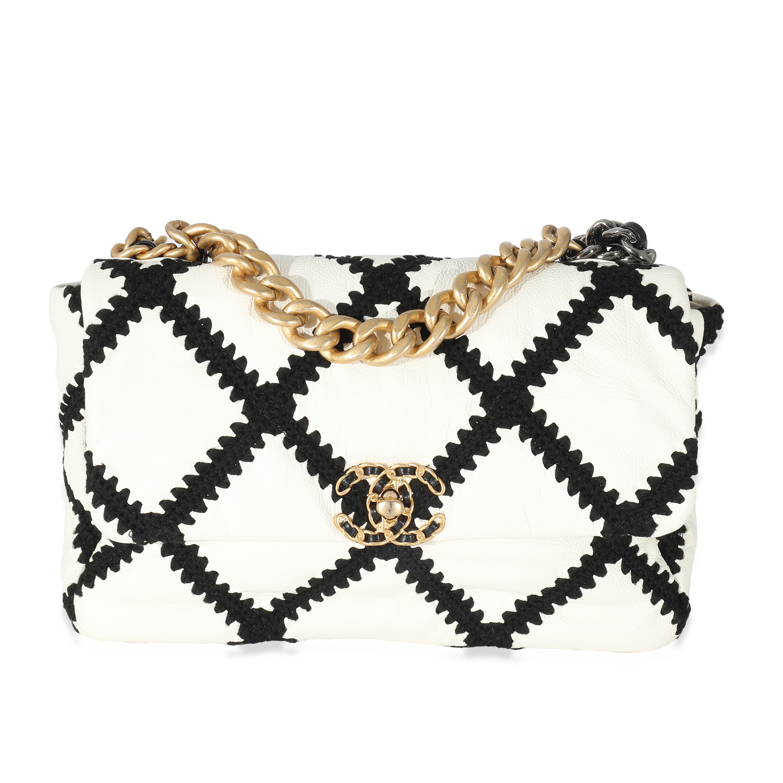 Chanel Black Crochet Quilted White Calfskin Medium Chanel 19 Flap Bag