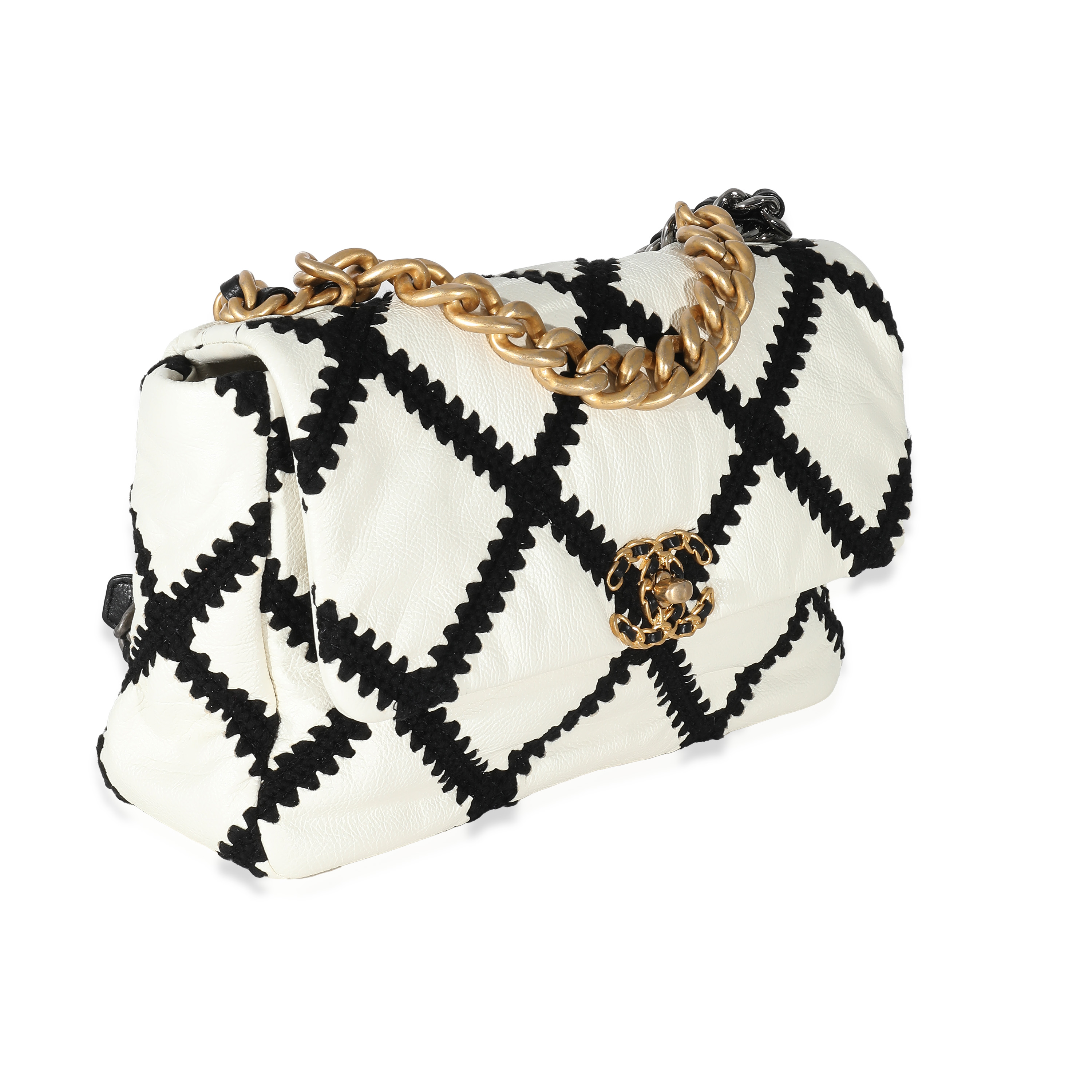 Chanel Black Crochet Quilted White Calfskin Medium Chanel 19 Flap Bag-2