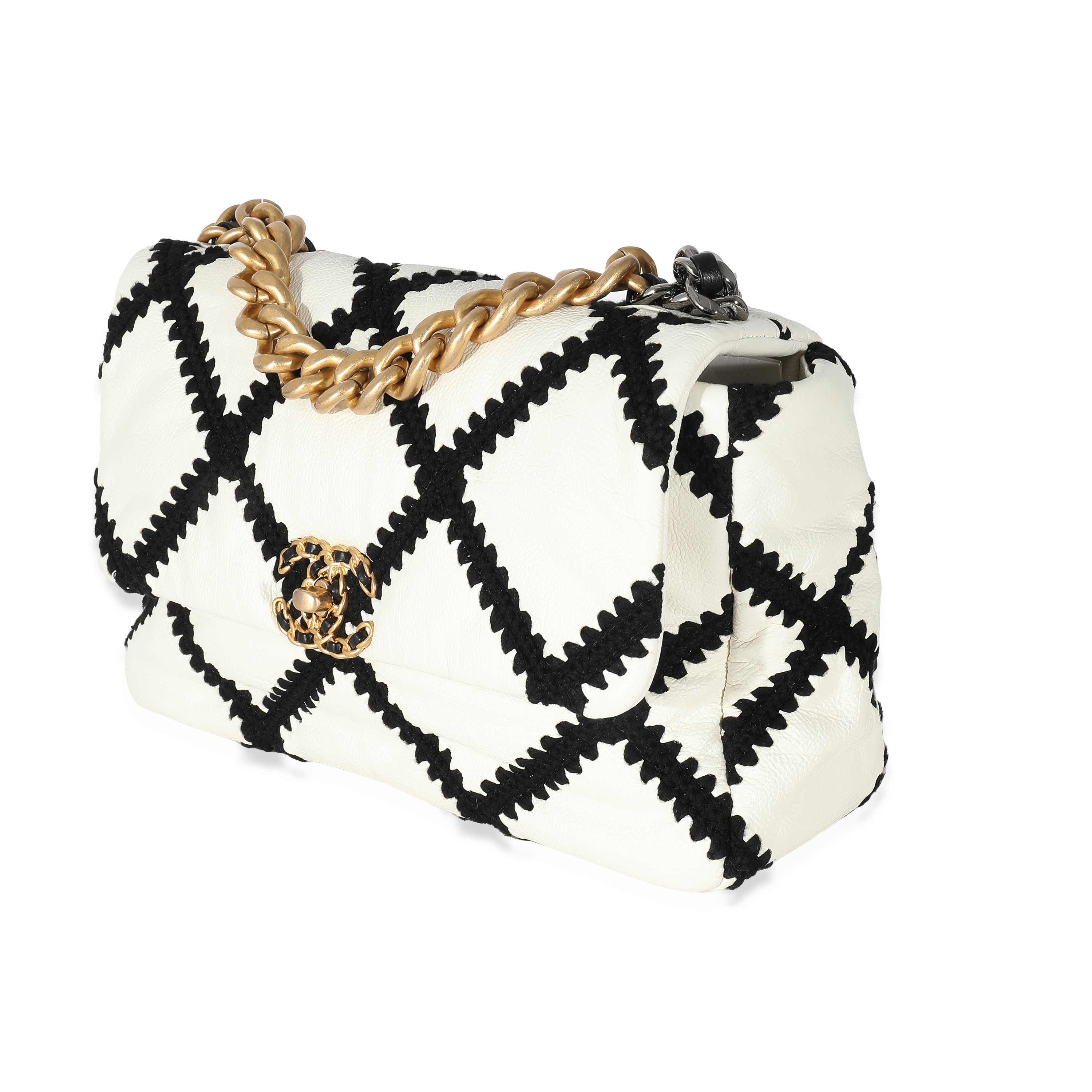 Chanel Black Crochet Quilted White Calfskin Medium Chanel 19 Flap Bag-1