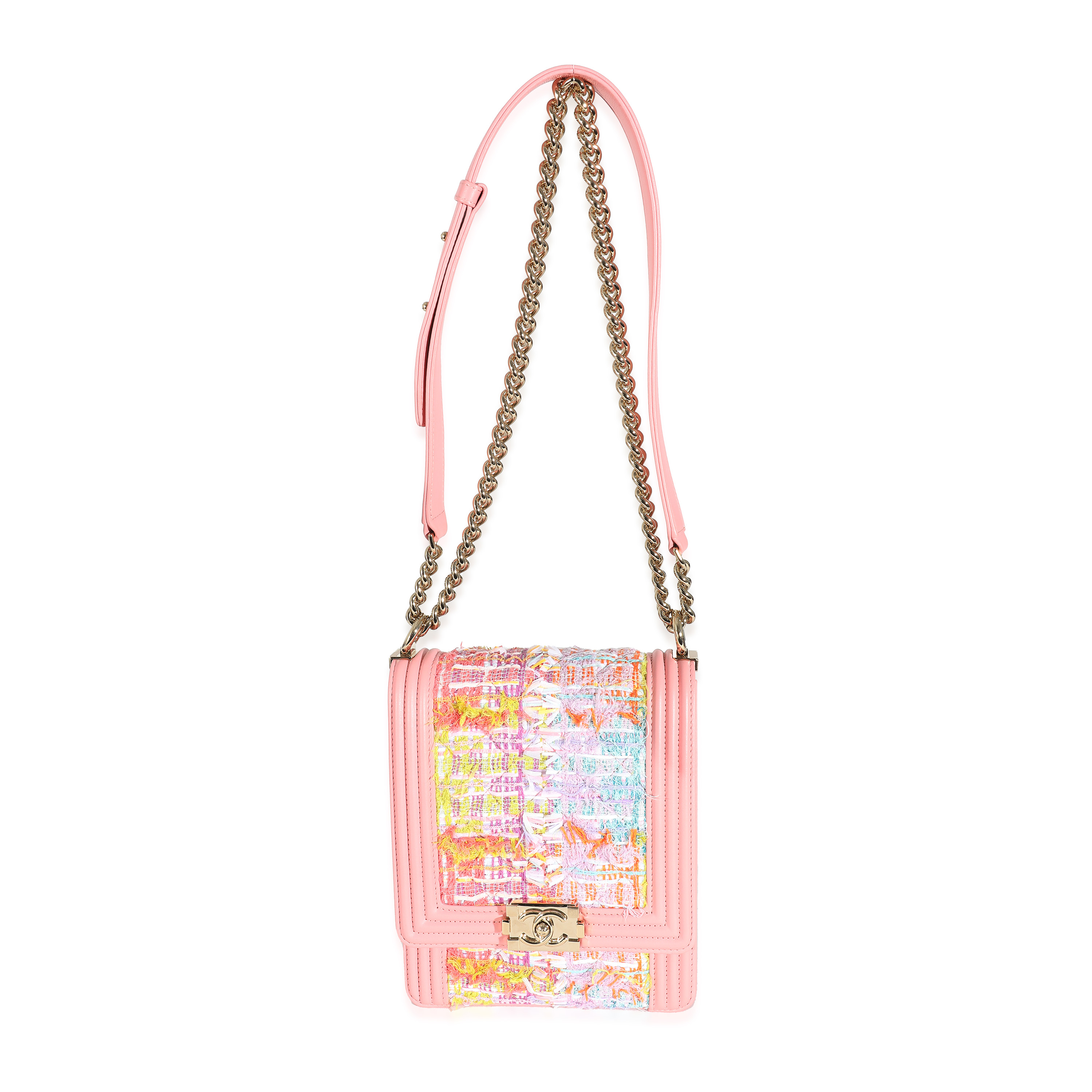 Chanel Pink Lambskin Multicolor Tweed Quilted North South Boy Bag-7