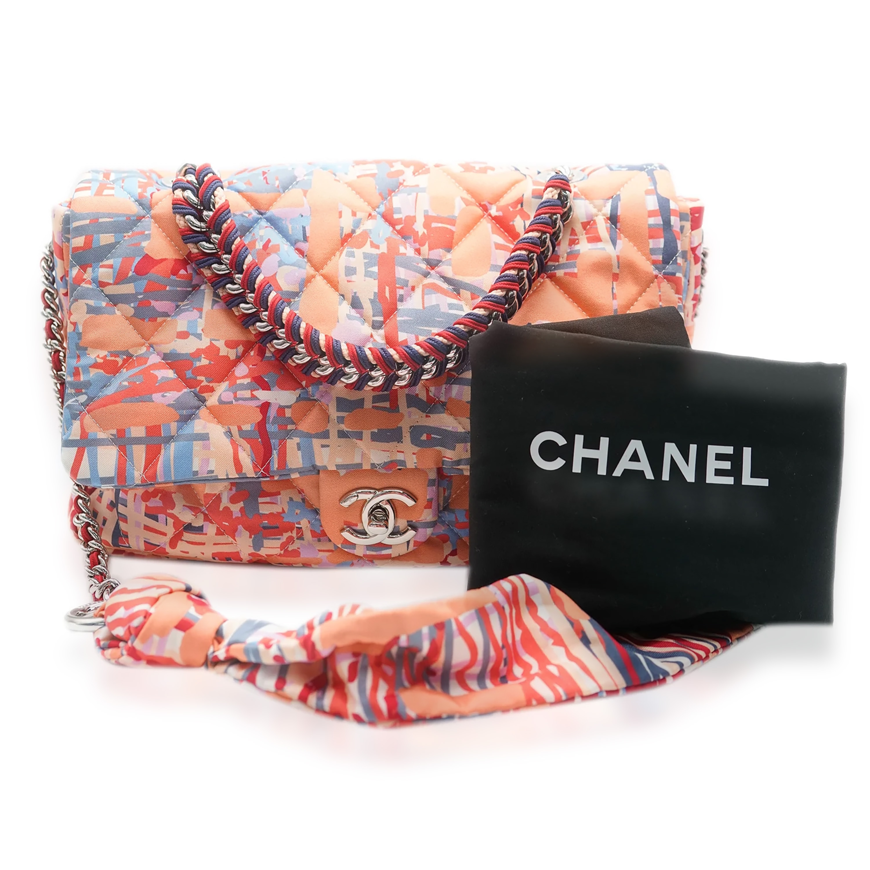 Chanel Orange Foulard Fabric Quilted Printed Large Flap-3