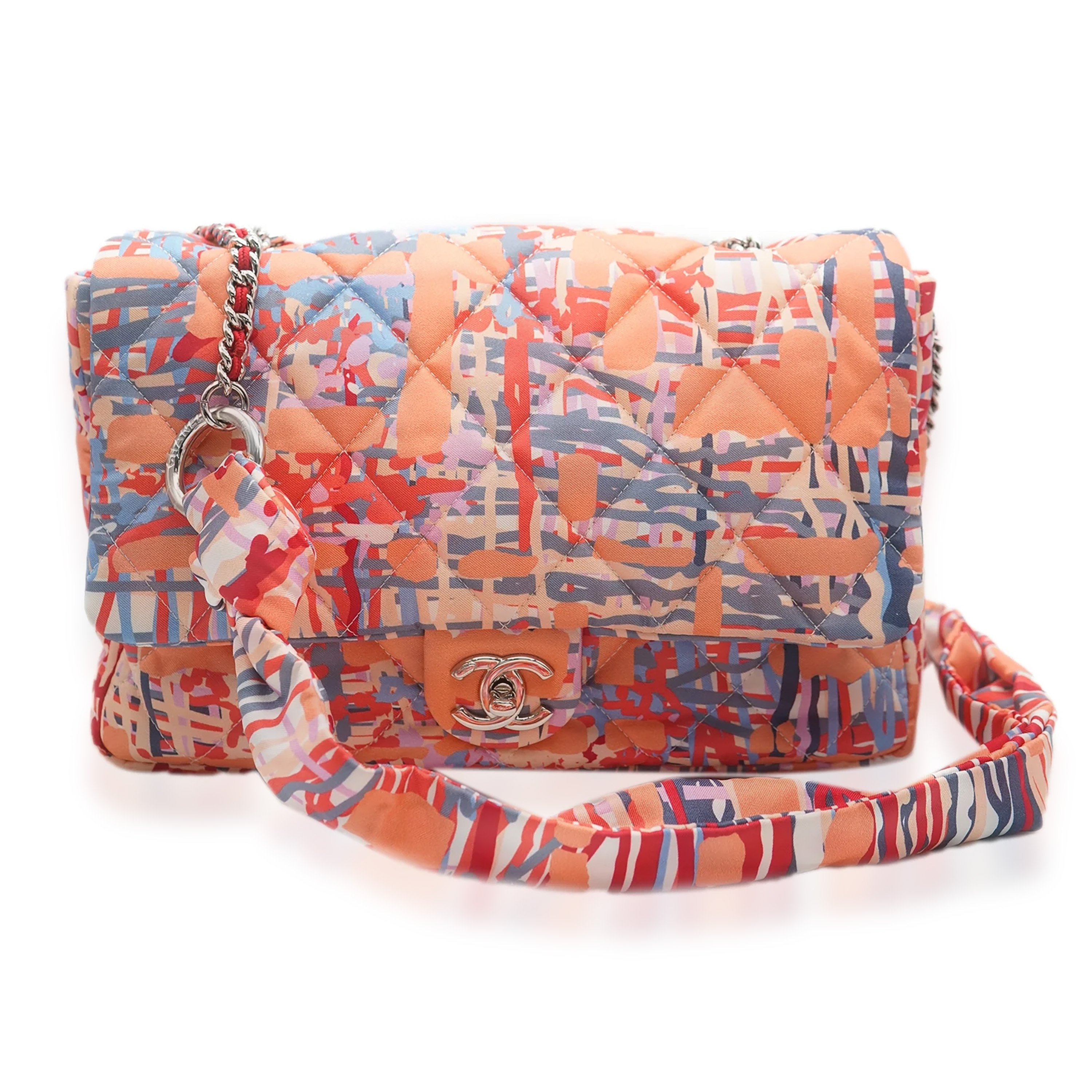 Chanel Orange Foulard Fabric Quilted Printed Large Flap Chanel Orange Foulard Fabric Quilted Printed Large Flap