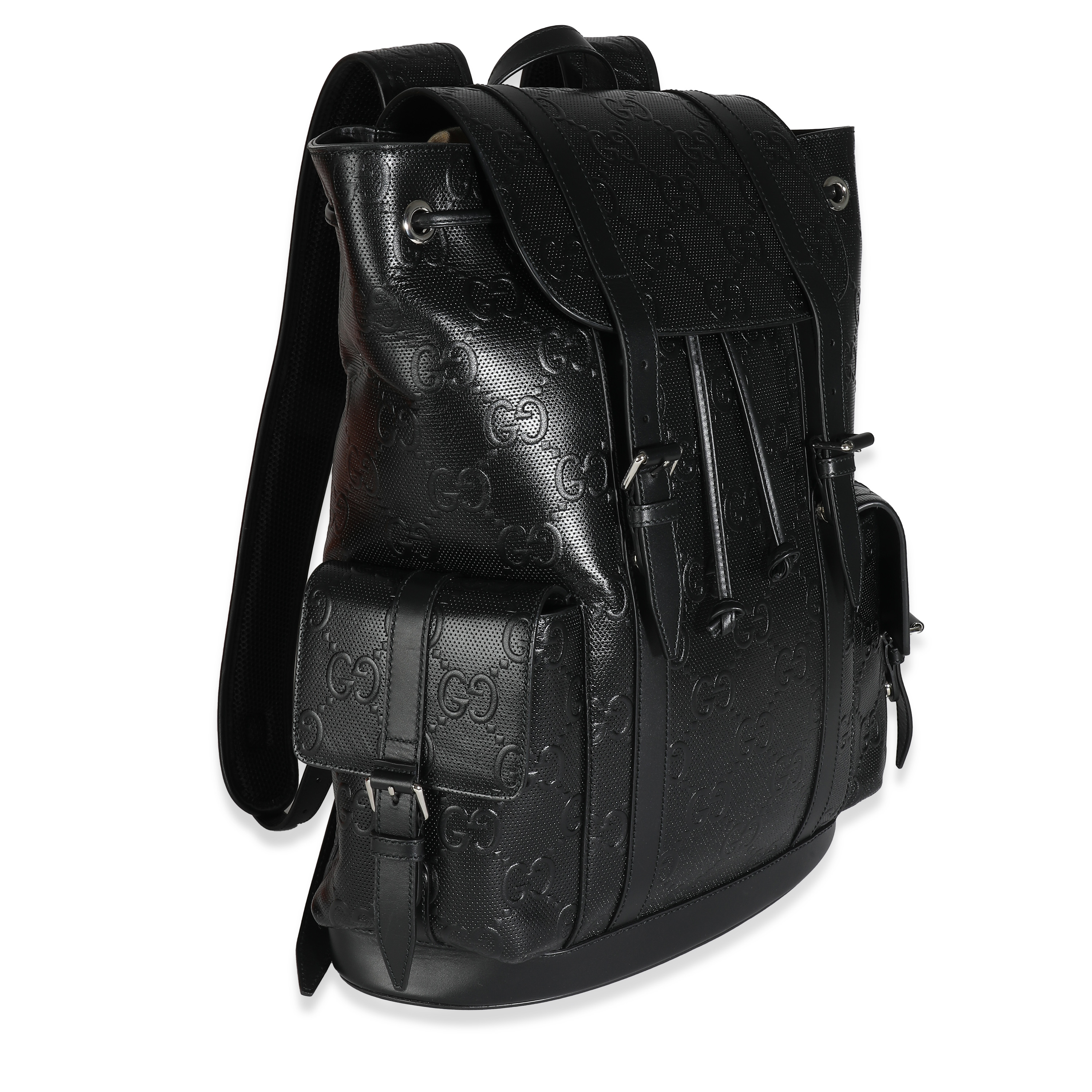 Gucci Black GG Tennis Embossed Calfskin Double Buckle Backpack-2