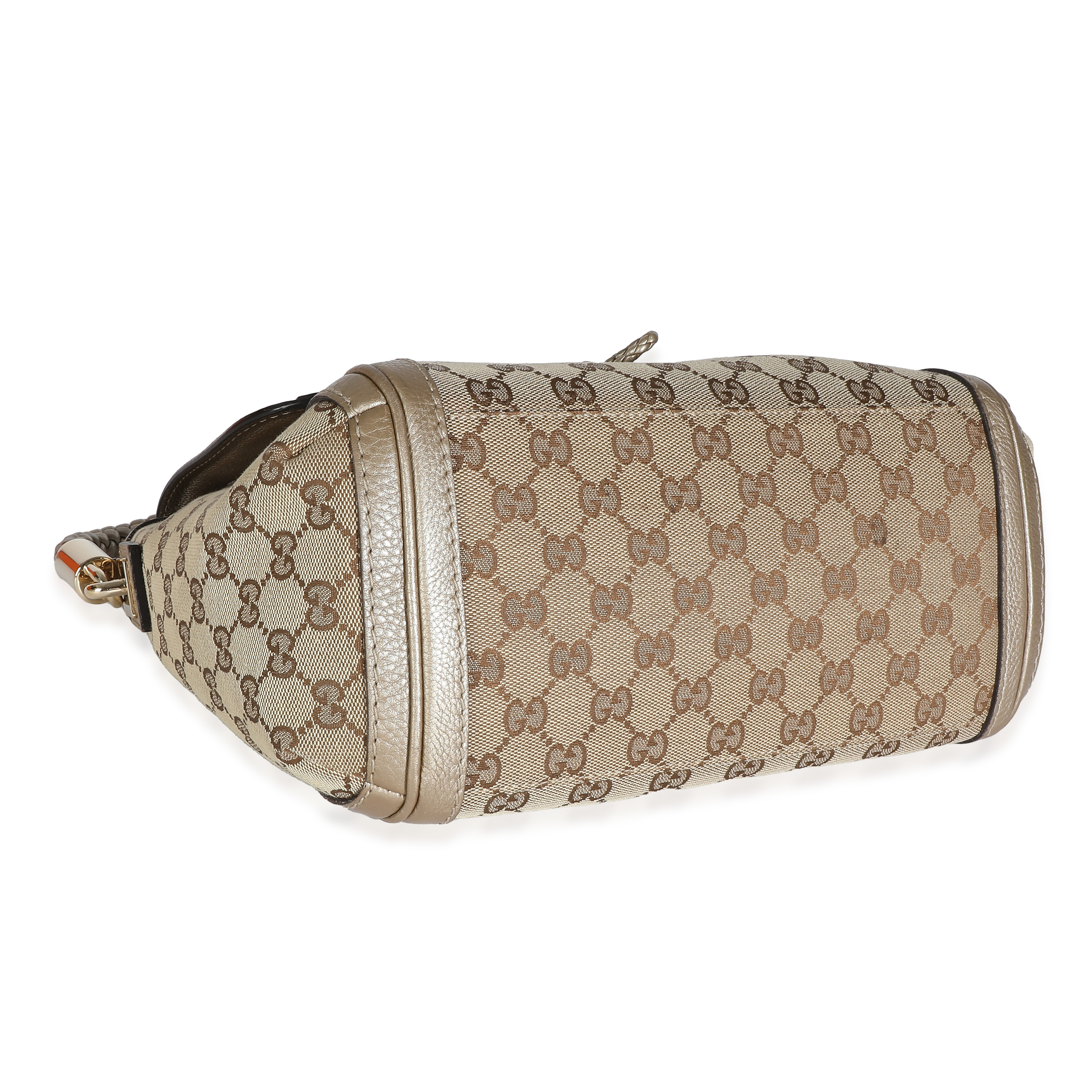Gucci Champagne Calfskin Beige GG Canvas Medium Bella Flap Bag-3