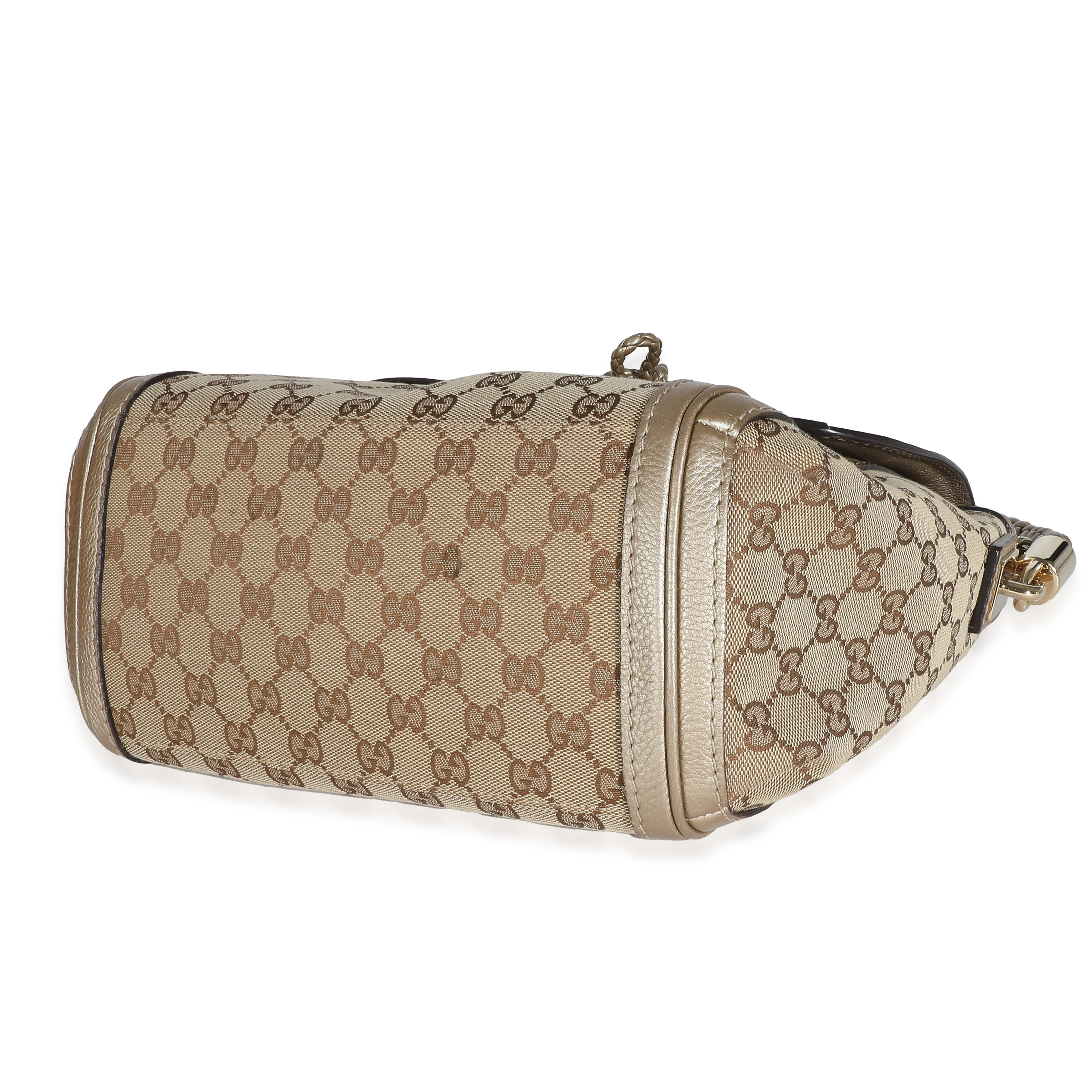 Gucci Champagne Calfskin Beige GG Canvas Medium Bella Flap Bag-5