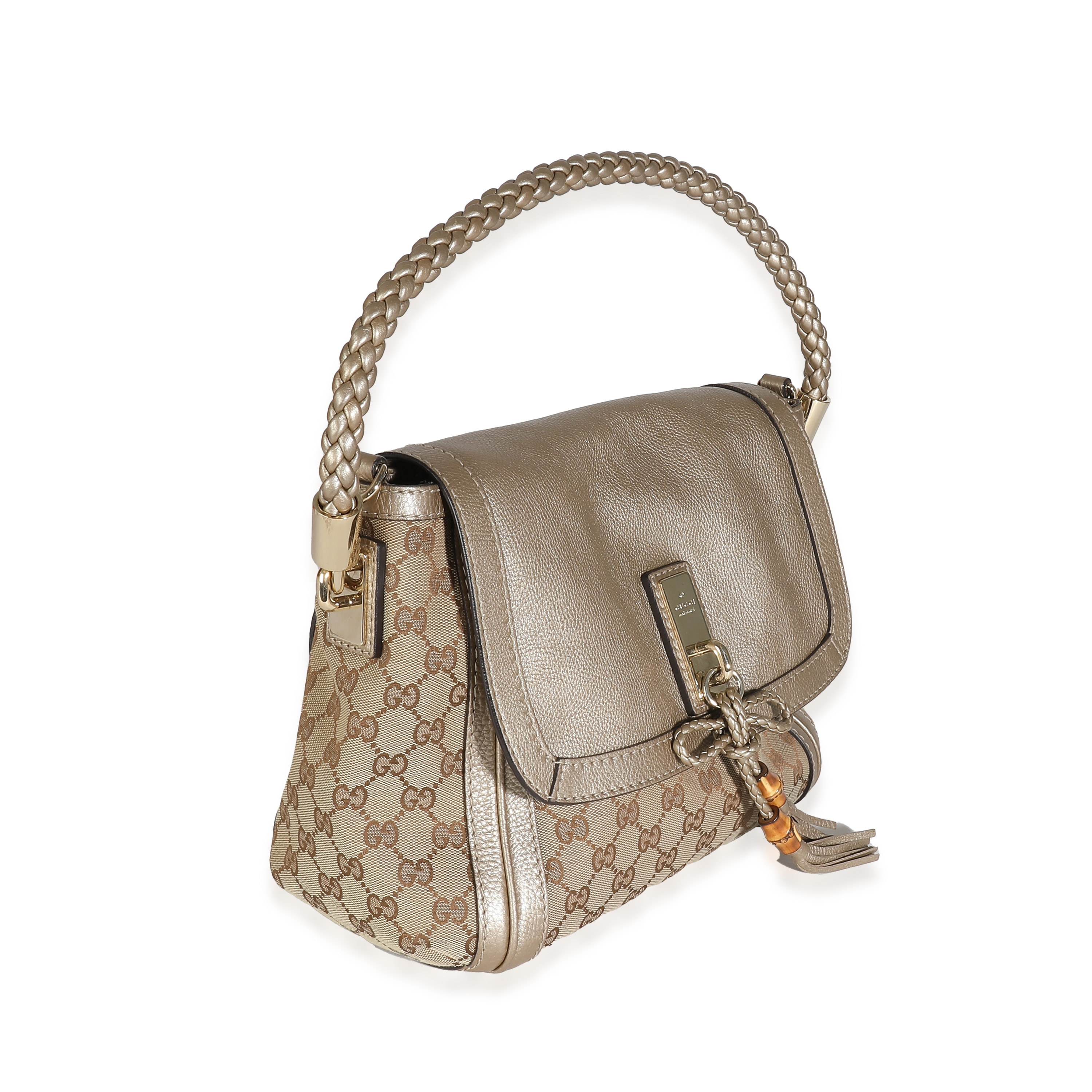 Gucci Champagne Calfskin Beige GG Canvas Medium Bella Flap Bag-2