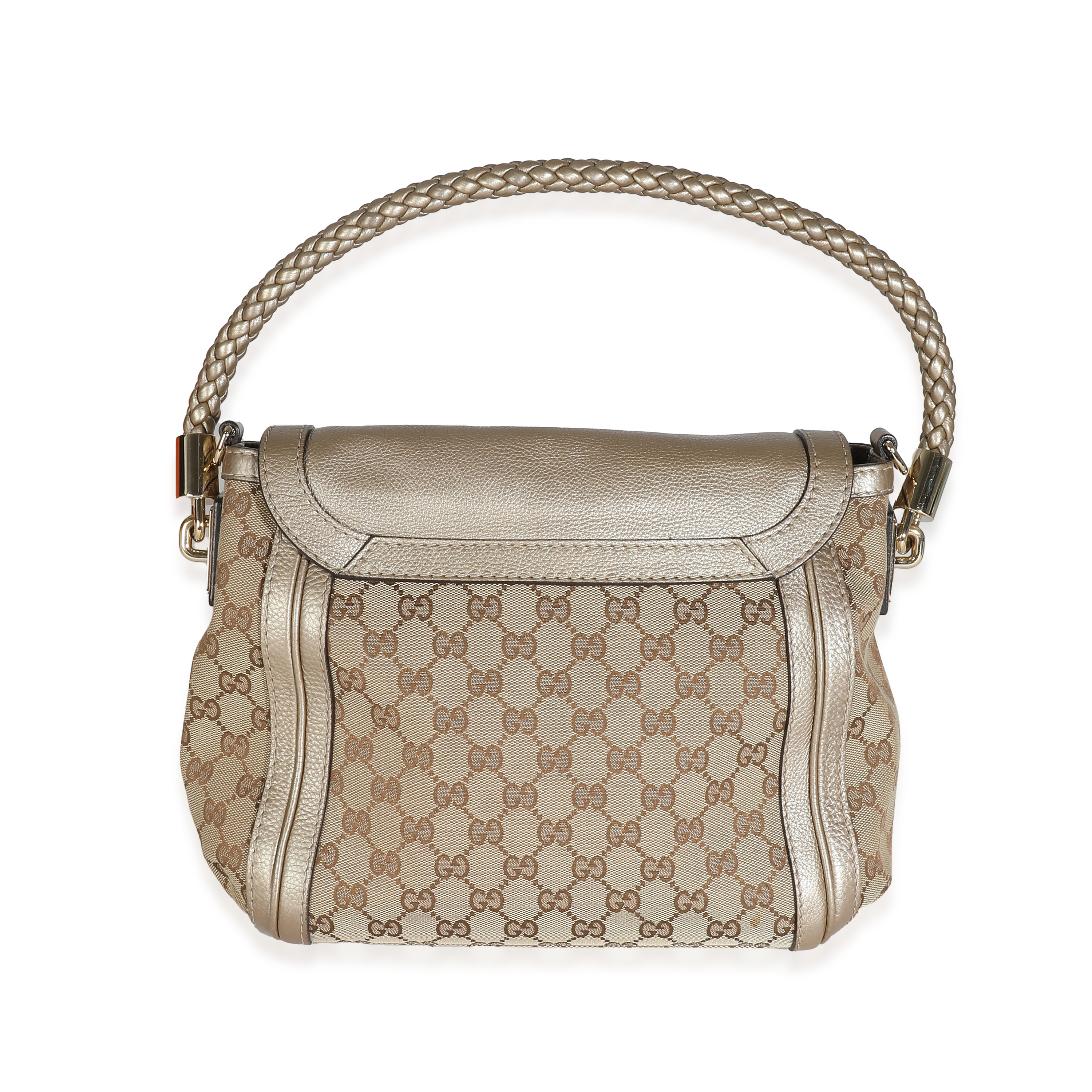 Gucci Champagne Calfskin Beige GG Canvas Medium Bella Flap Bag-4
