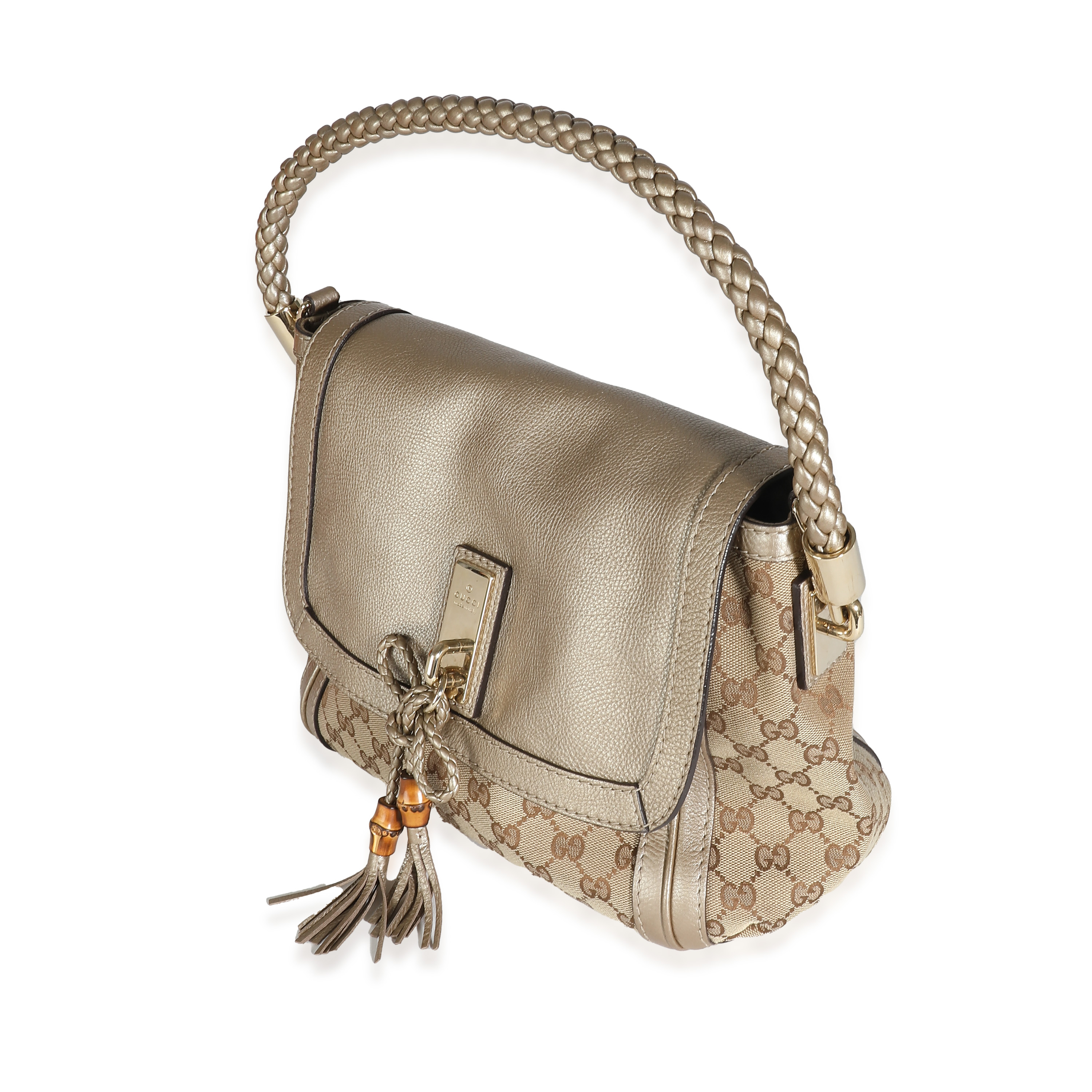 Gucci Champagne Calfskin Beige GG Canvas Medium Bella Flap Bag-1